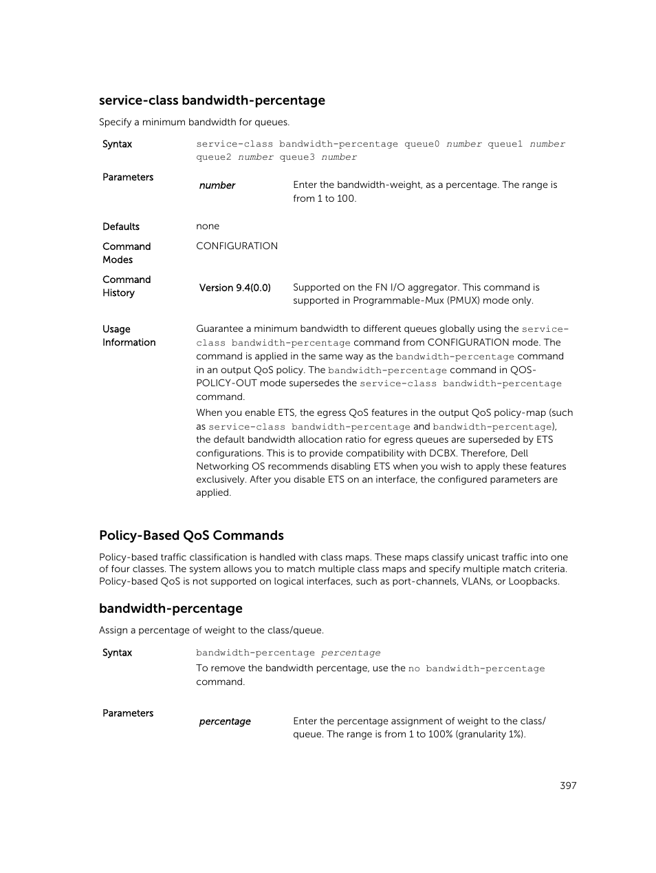 Service-class bandwidth-percentage, Policy-based qos commands, Bandwidth-percentage | Dell PowerEdge FX2/FX2s User Manual | Page 397 / 462