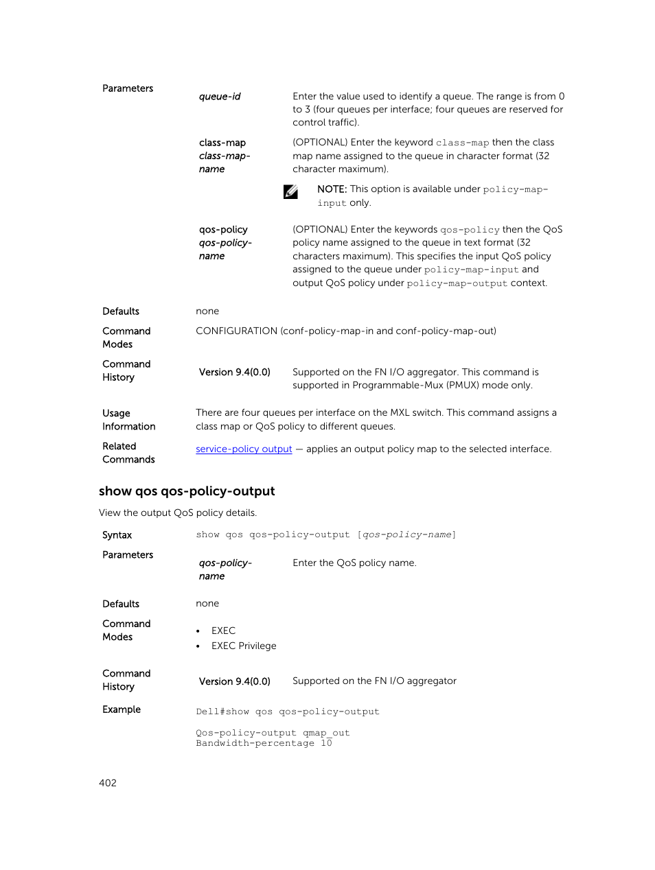 Show qos qos-policy-output | Dell PowerEdge FX2/FX2s User Manual | Page 402 / 462