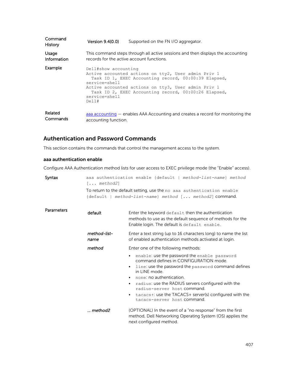 Authentication and password commands | Dell PowerEdge FX2/FX2s User Manual | Page 407 / 462