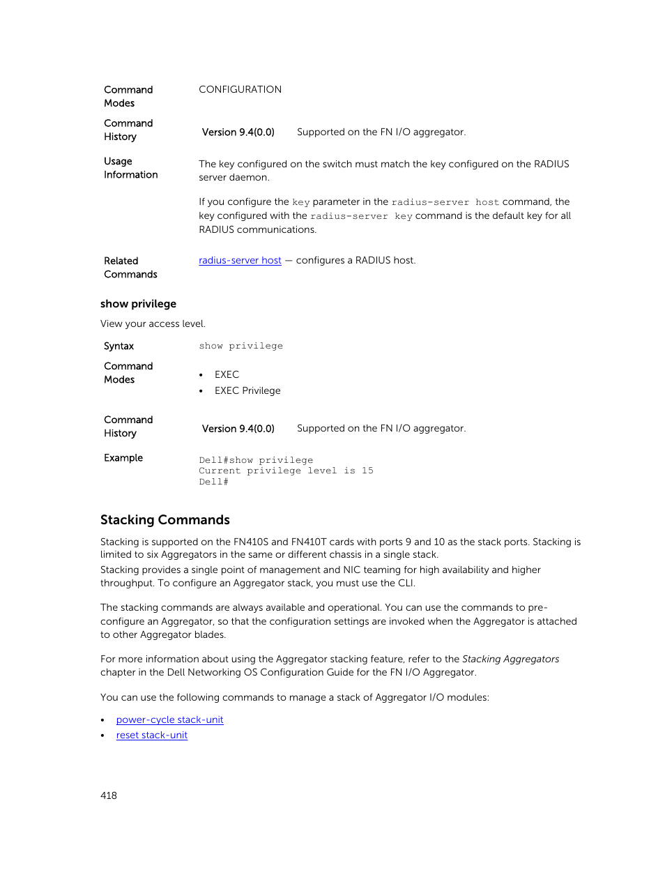 Stacking commands | Dell PowerEdge FX2/FX2s User Manual | Page 418 / 462