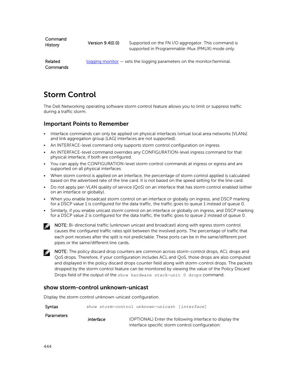 Storm control, Show storm-control unknown-unicast, Important points to remember | Dell PowerEdge FX2/FX2s User Manual | Page 444 / 462