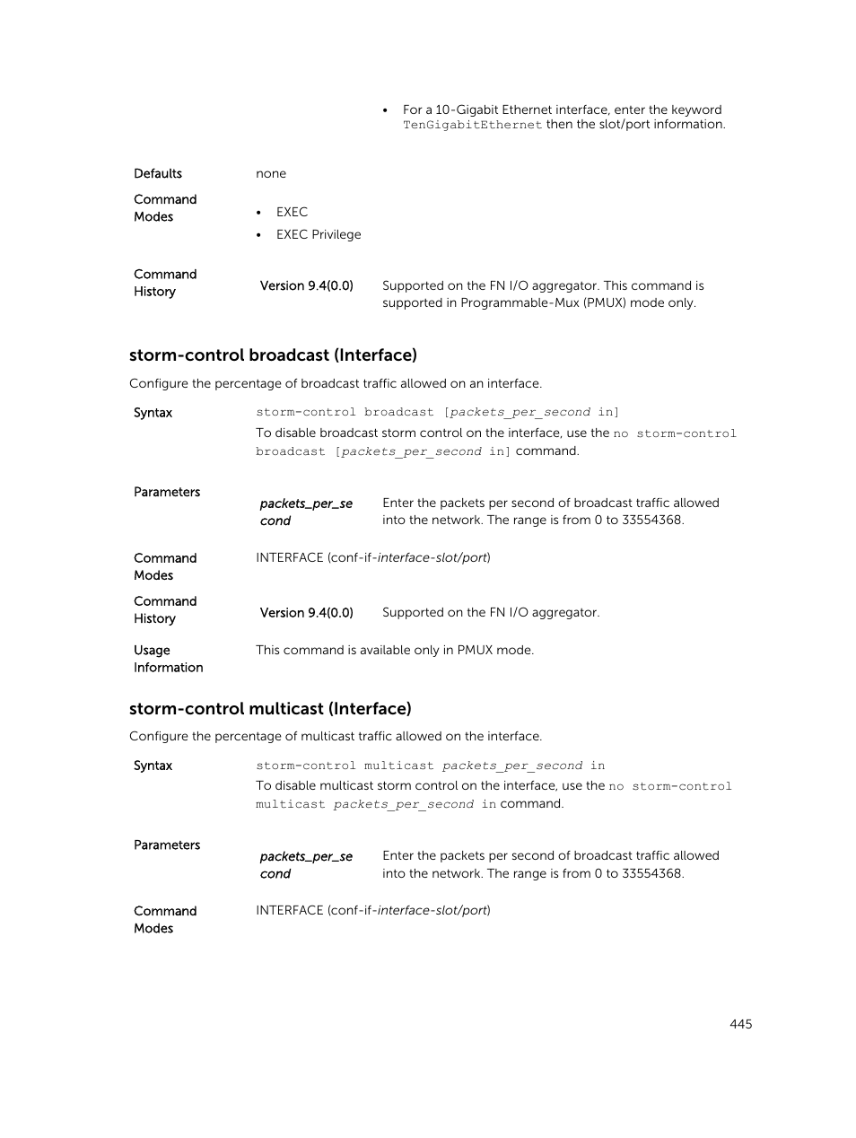 Storm-control broadcast (interface), Storm-control multicast (interface) | Dell PowerEdge FX2/FX2s User Manual | Page 445 / 462