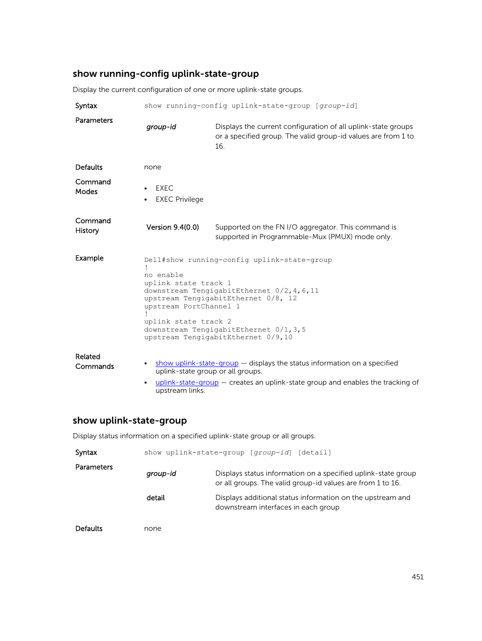 Show running-config uplink-state-group, Show uplink-state-group | Dell PowerEdge FX2/FX2s User Manual | Page 451 / 462