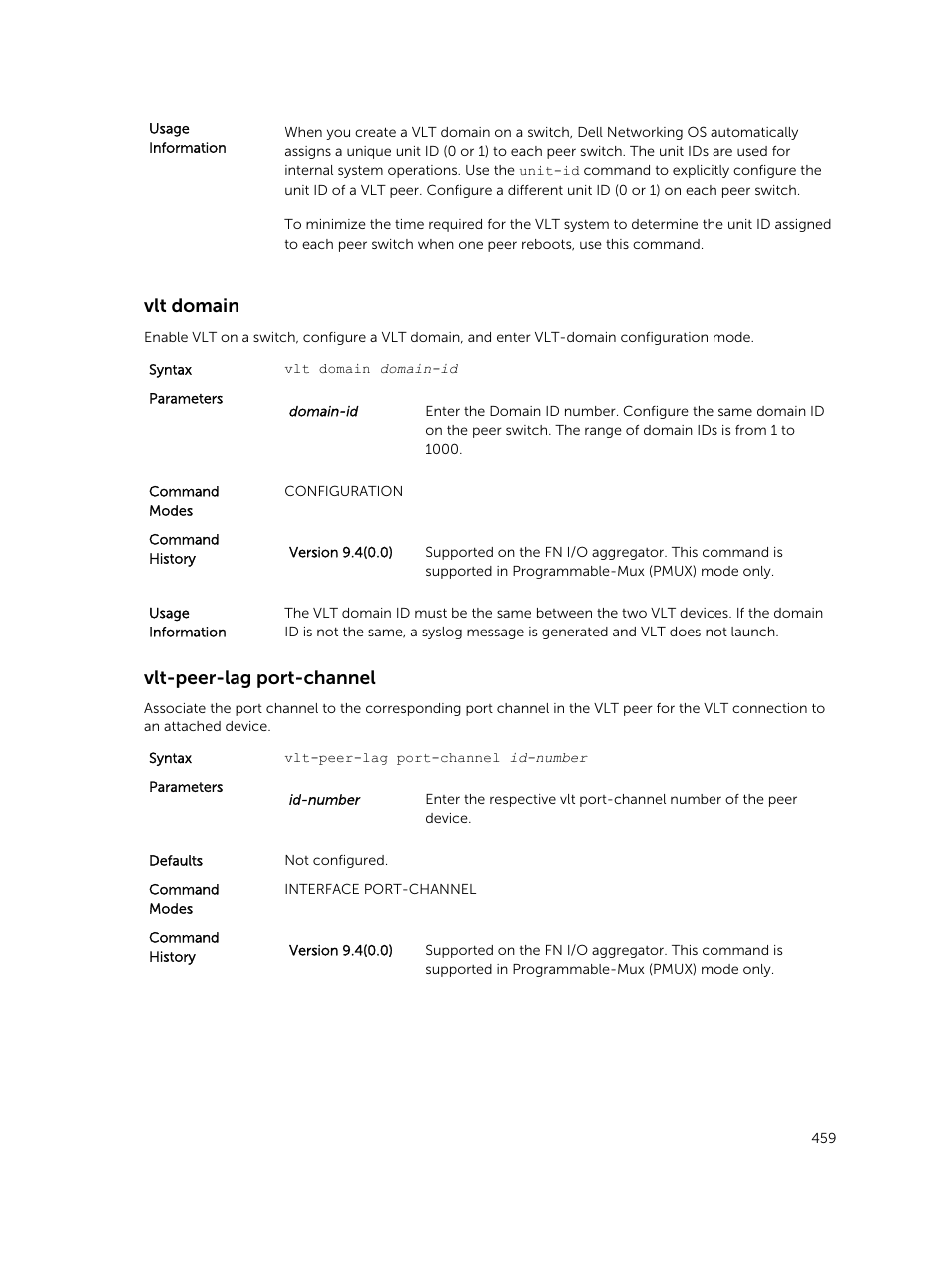 Vlt domain, Vlt-peer-lag port-channel | Dell PowerEdge FX2/FX2s User Manual | Page 459 / 462