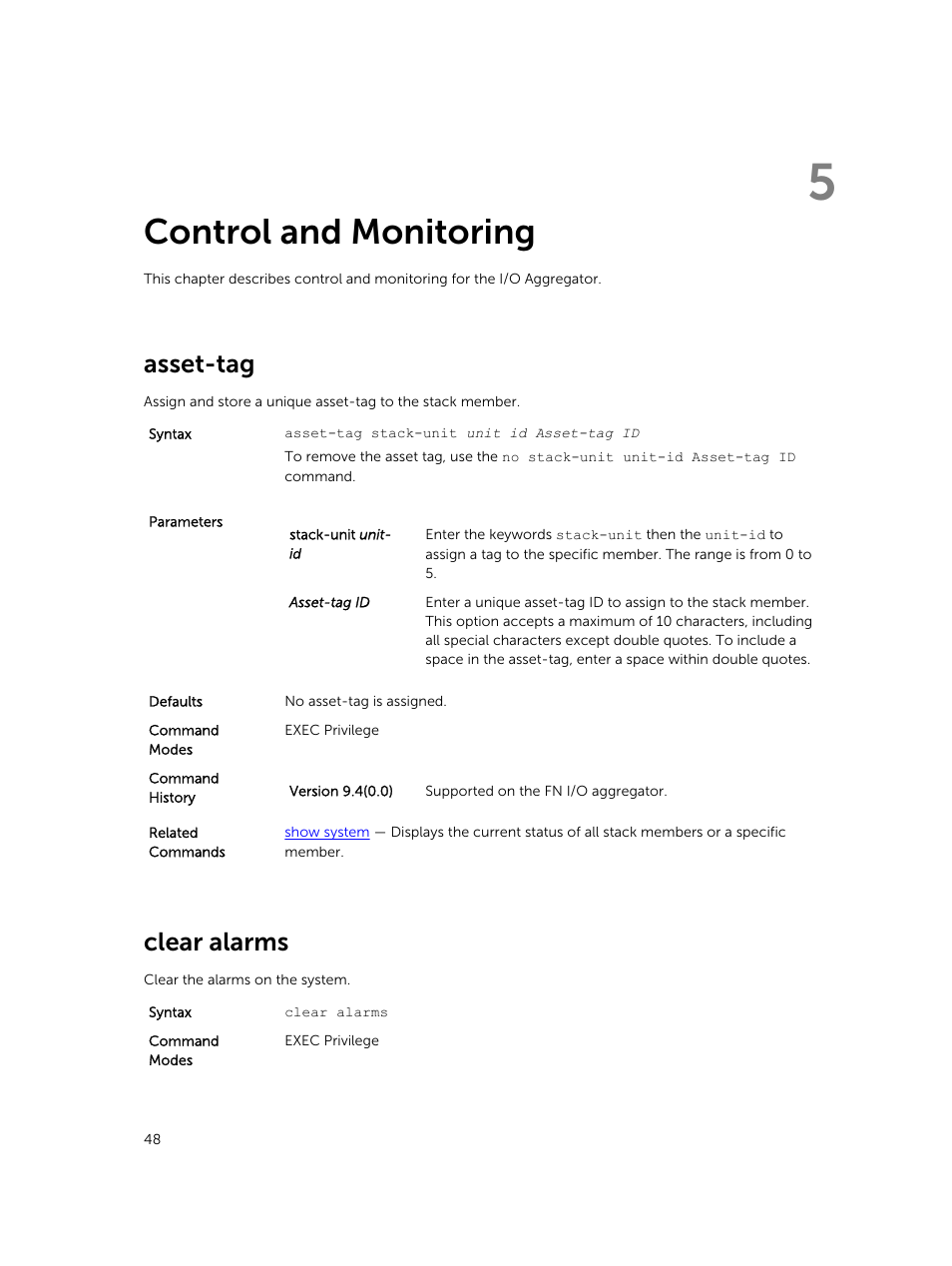 Control and monitoring, Asset-tag, Clear alarms | 5 control and monitoring | Dell PowerEdge FX2/FX2s User Manual | Page 48 / 462