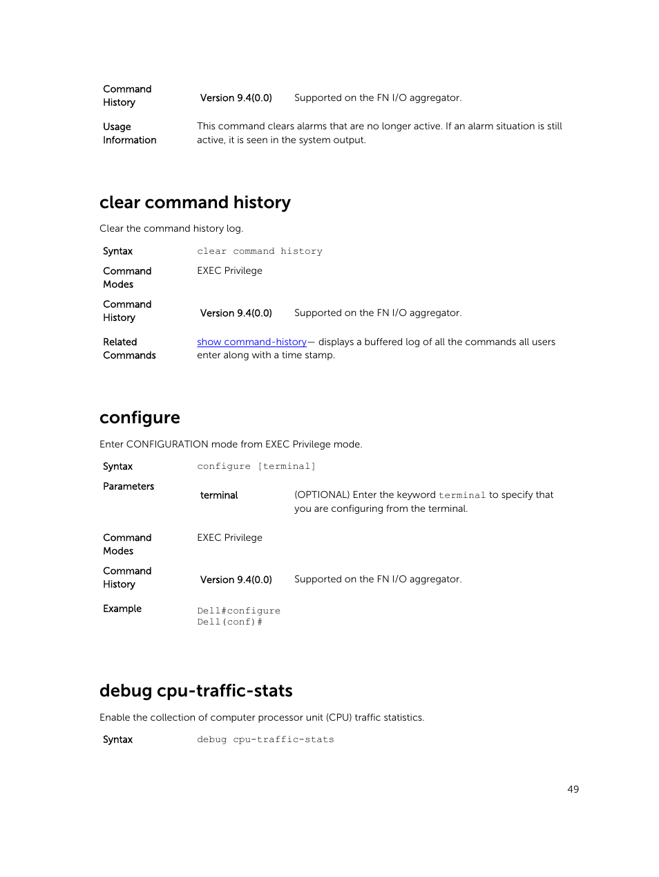 Clear command history, Configure, Debug cpu-traffic-stats | Dell PowerEdge FX2/FX2s User Manual | Page 49 / 462