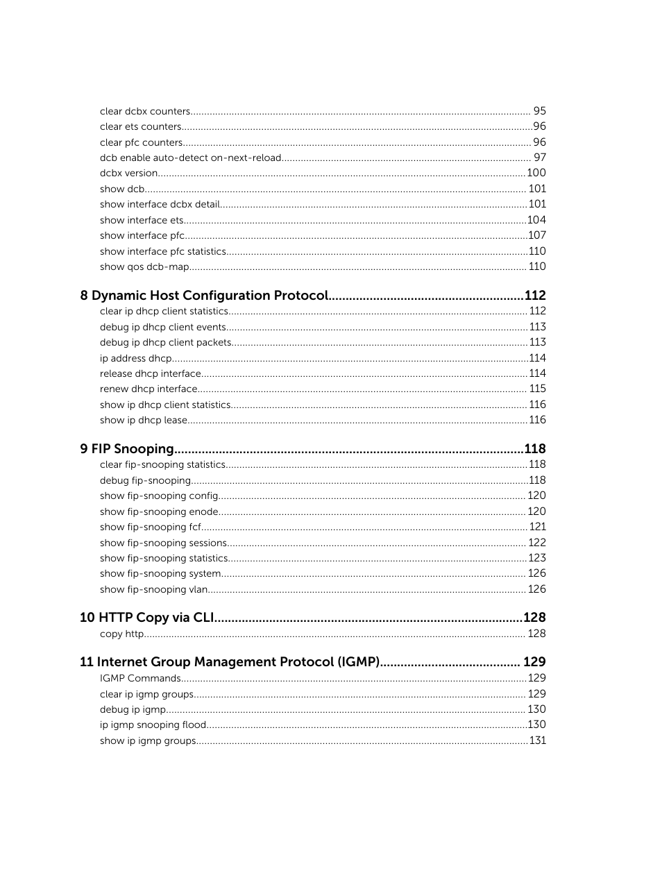 8 dynamic host configuration protocol, 9 fip snooping, 11 internet group management protocol (igmp) | Dell PowerEdge FX2/FX2s User Manual | Page 6 / 462