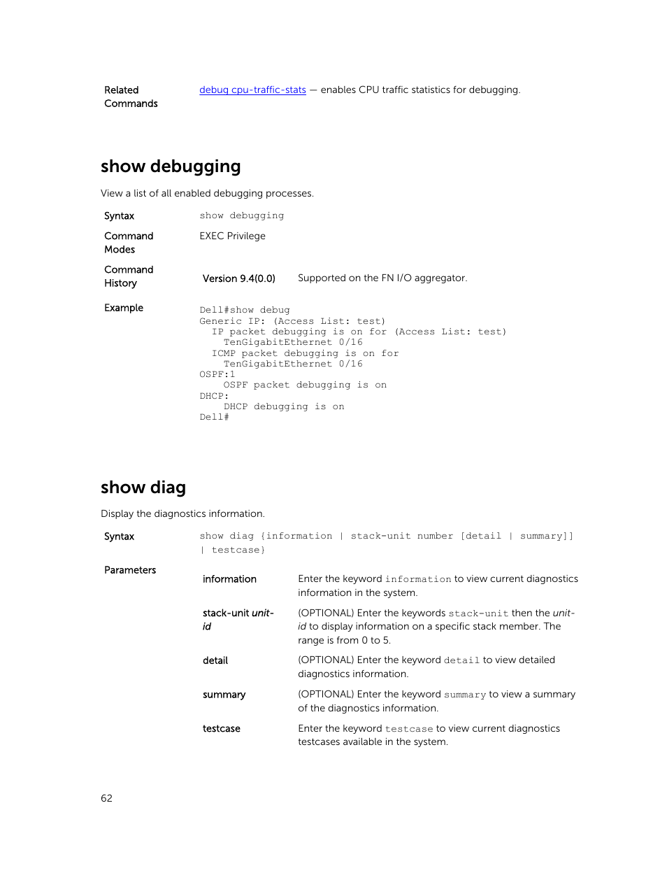 Show debugging, Show diag | Dell PowerEdge FX2/FX2s User Manual | Page 62 / 462