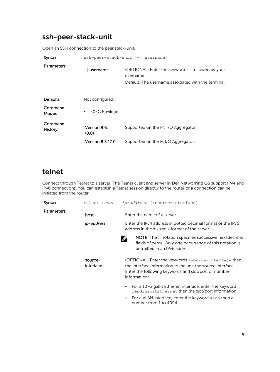 Ssh-peer-stack-unit, Telnet | Dell PowerEdge FX2/FX2s User Manual | Page 81 / 462