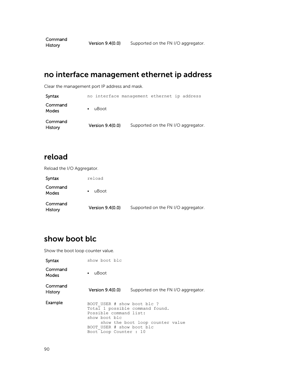 No interface management ethernet ip address, Reload, Show boot blc | Dell PowerEdge FX2/FX2s User Manual | Page 90 / 462