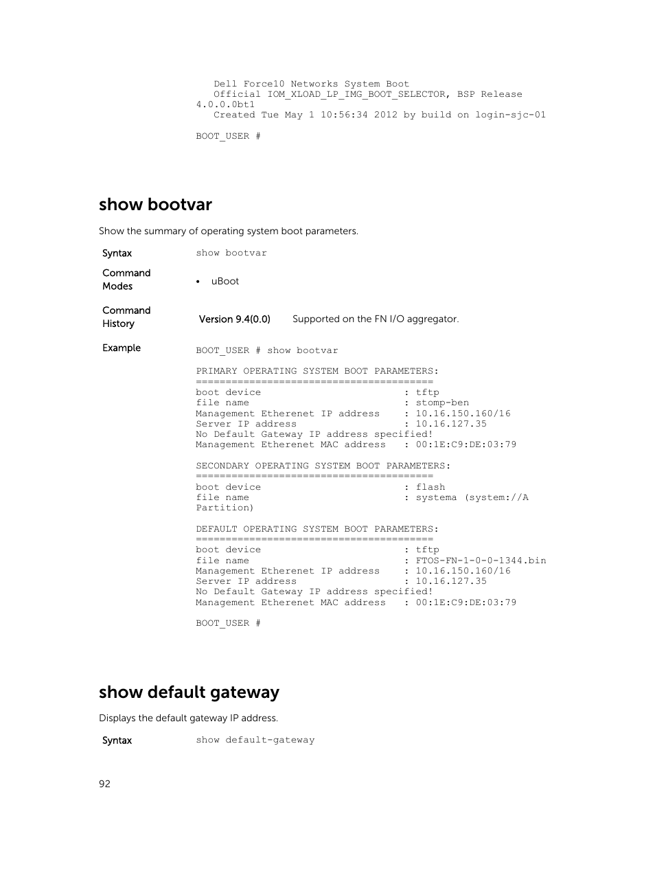 Show bootvar, Show default gateway | Dell PowerEdge FX2/FX2s User Manual | Page 92 / 462