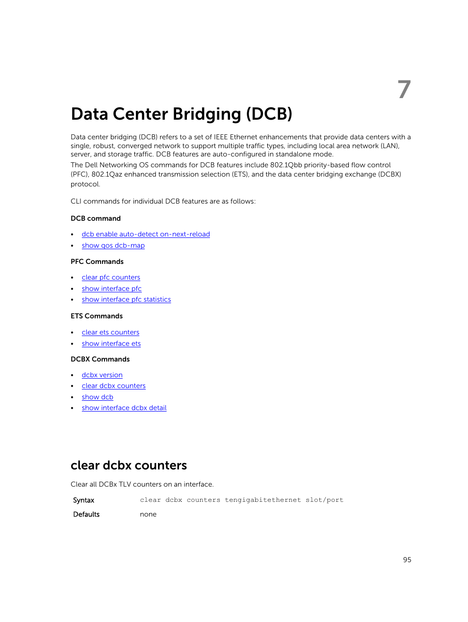 Data center bridging (dcb), Clear dcbx counters, 7 data center bridging (dcb) | Dell PowerEdge FX2/FX2s User Manual | Page 95 / 462
