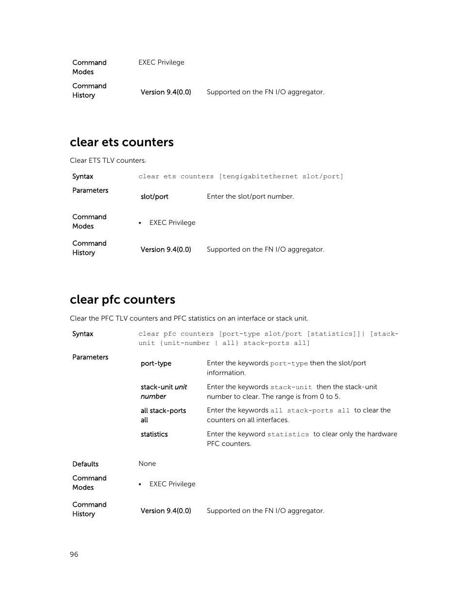 Clear ets counters, Clear pfc counters | Dell PowerEdge FX2/FX2s User Manual | Page 96 / 462