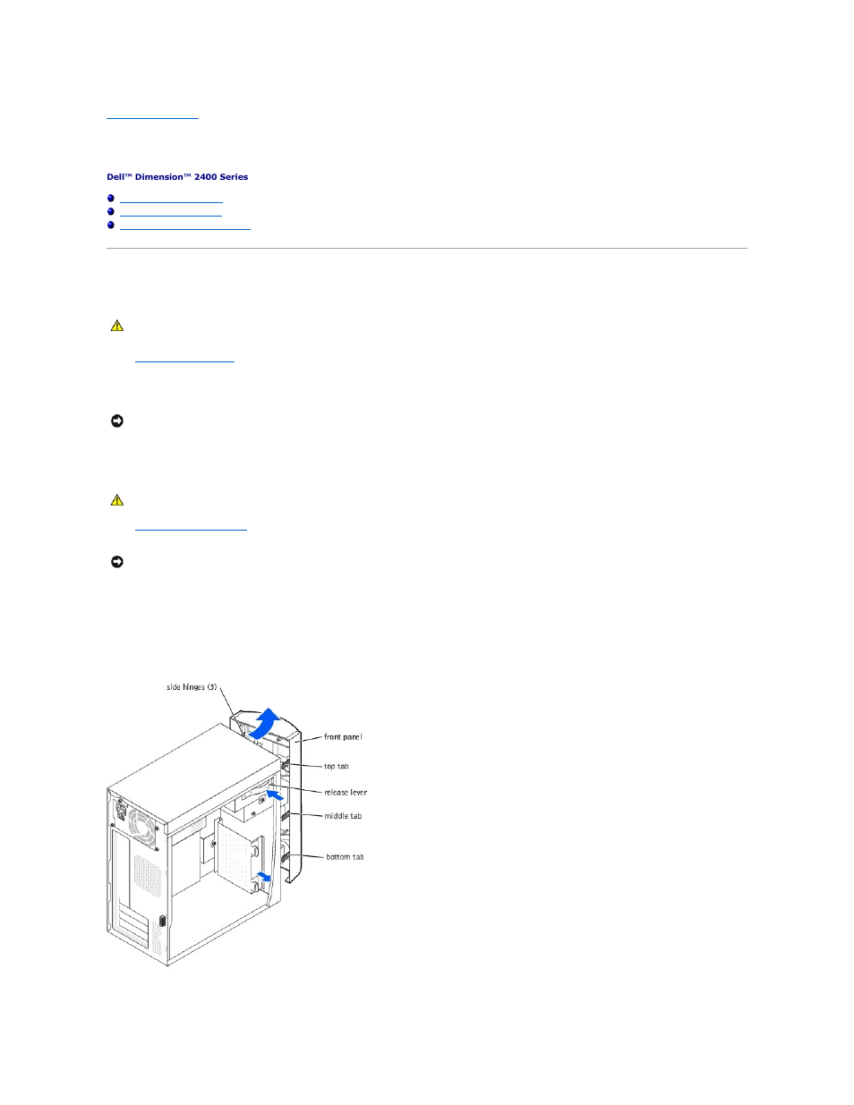 Front panel, Removing the front panel | Dell Dimension 2400 User Manual | Page 15 / 42