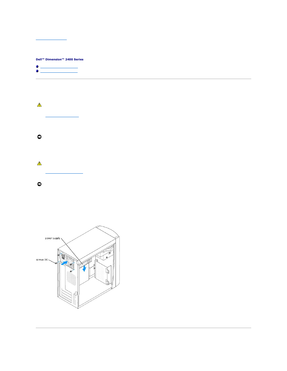 Power supply, Removing the power supply | Dell Dimension 2400 User Manual | Page 24 / 42