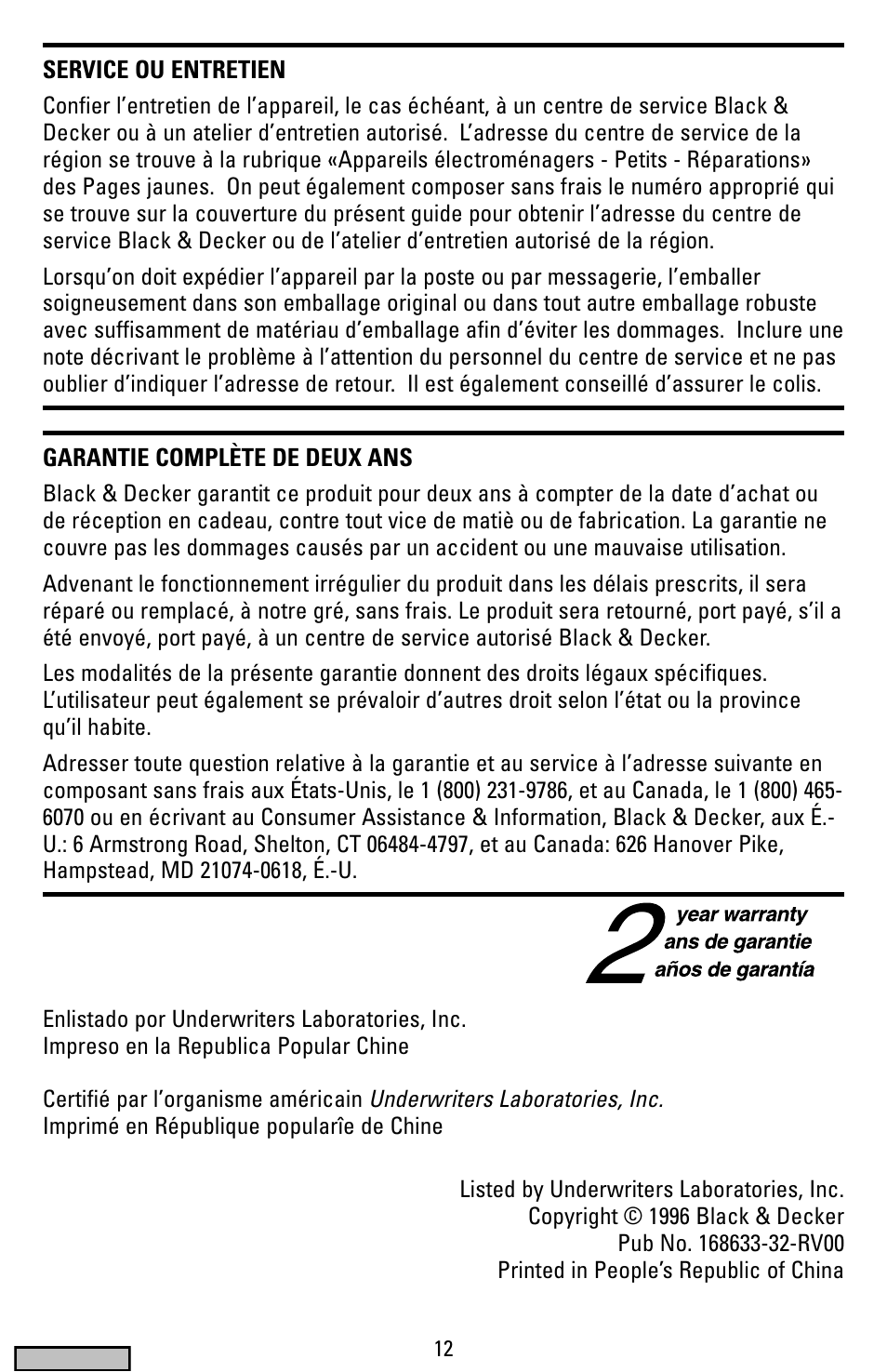 Garantie | Black & Decker MX40 User Manual | Page 12 / 12