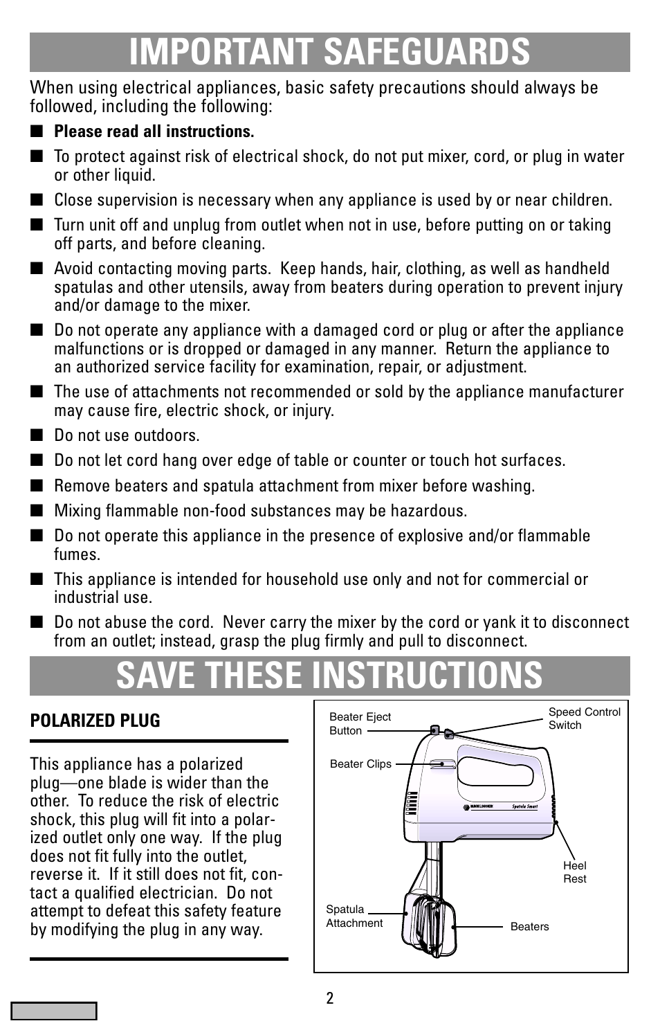 Safegaurds, Mixer, English, see pg. 2) | Important safeguards save these instructions | Black & Decker MX40 User Manual | Page 2 / 12