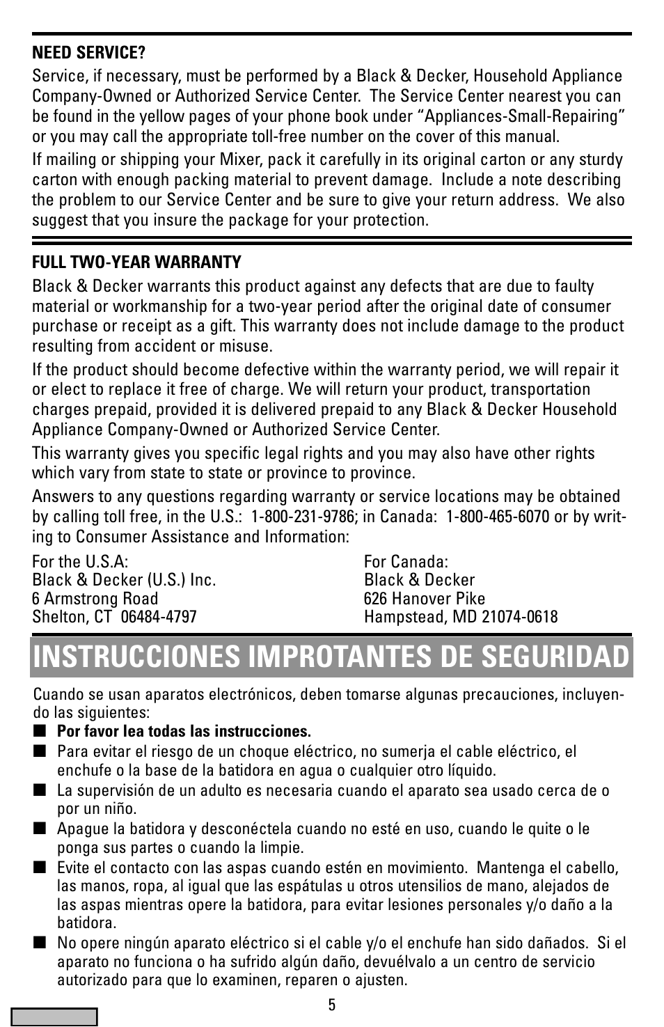 Warranty, Instrucciones, Batidora de espa’tula | Instrucciones improtantes de seguridad | Black & Decker MX40 User Manual | Page 5 / 12