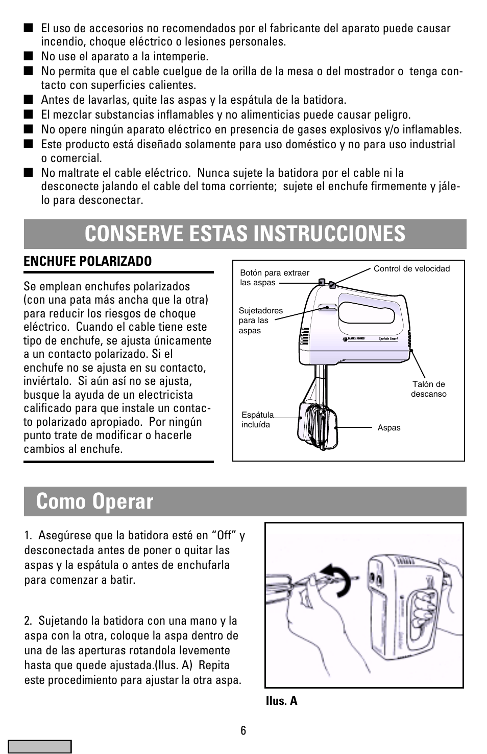Como operar, Conserve estas instrucciones | Black & Decker MX40 User Manual | Page 6 / 12