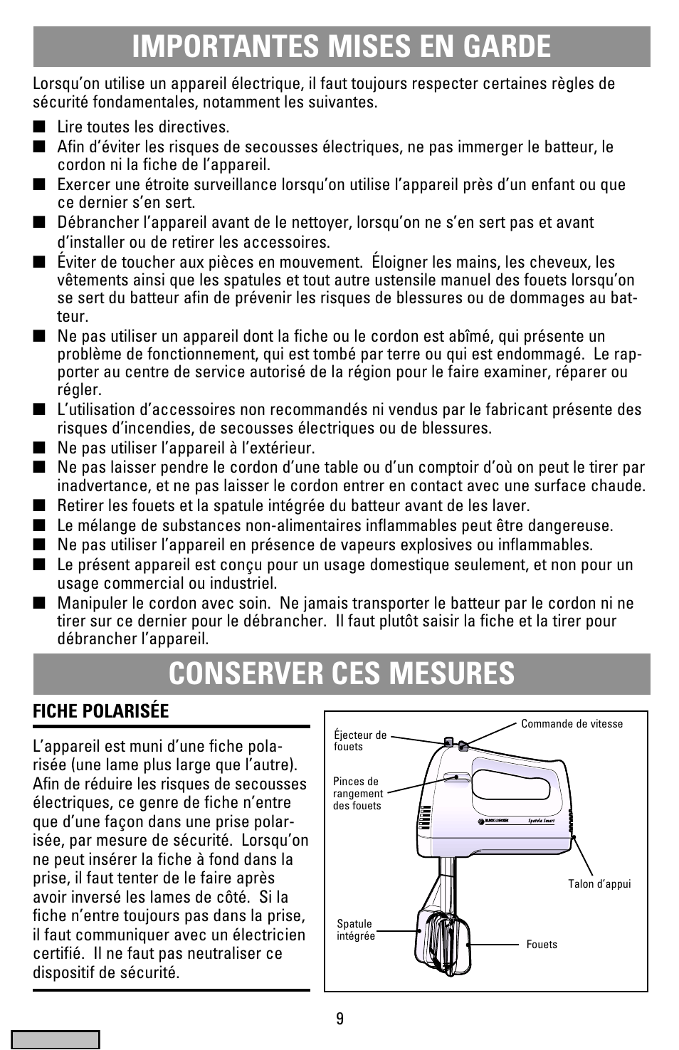 Mises en garde, Batteur `a spatule, Importantes mises en garde conserver ces mesures | Black & Decker MX40 User Manual | Page 9 / 12