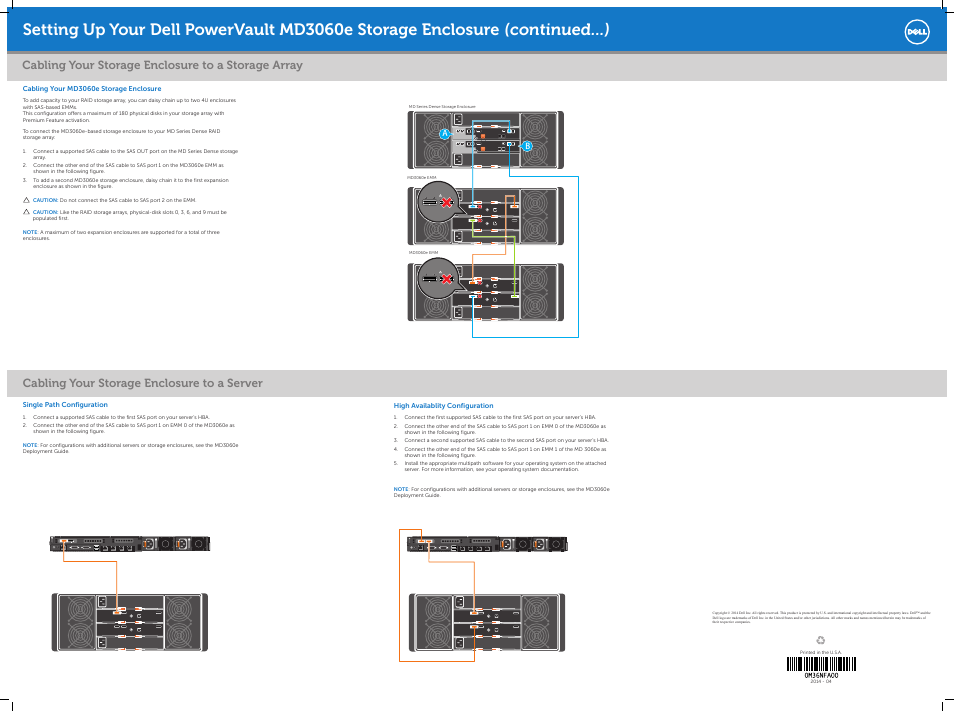 Cabling your storage enclosure to a storage array, Cabling your storage enclosure to a server | Dell PowerVault MD3060e User Manual | Page 2 / 2