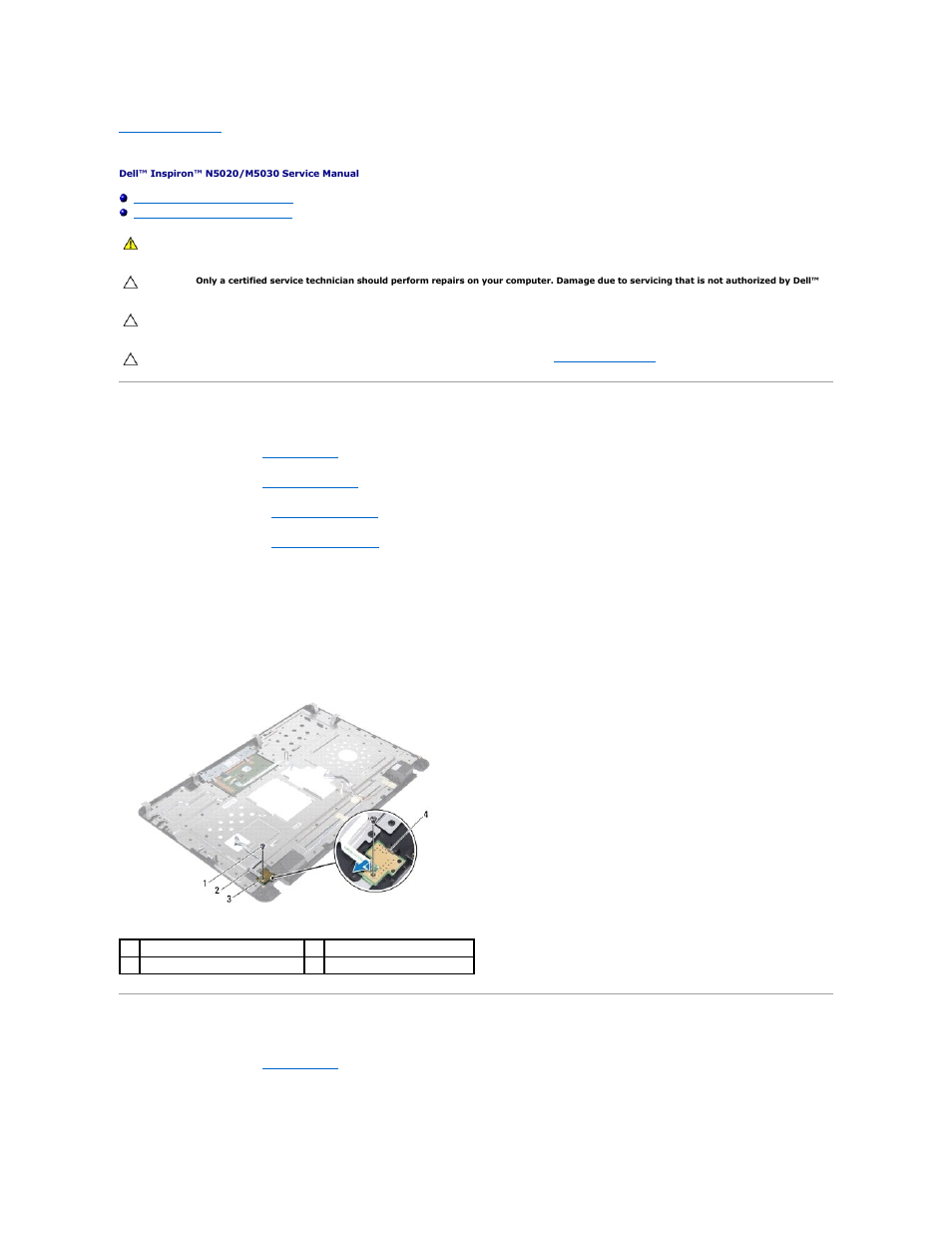 Power button module, Removing the power button module, Replacing the power button module | Dell Inspiron 11z (1120, Mid 2010) User Manual | Page 30 / 54