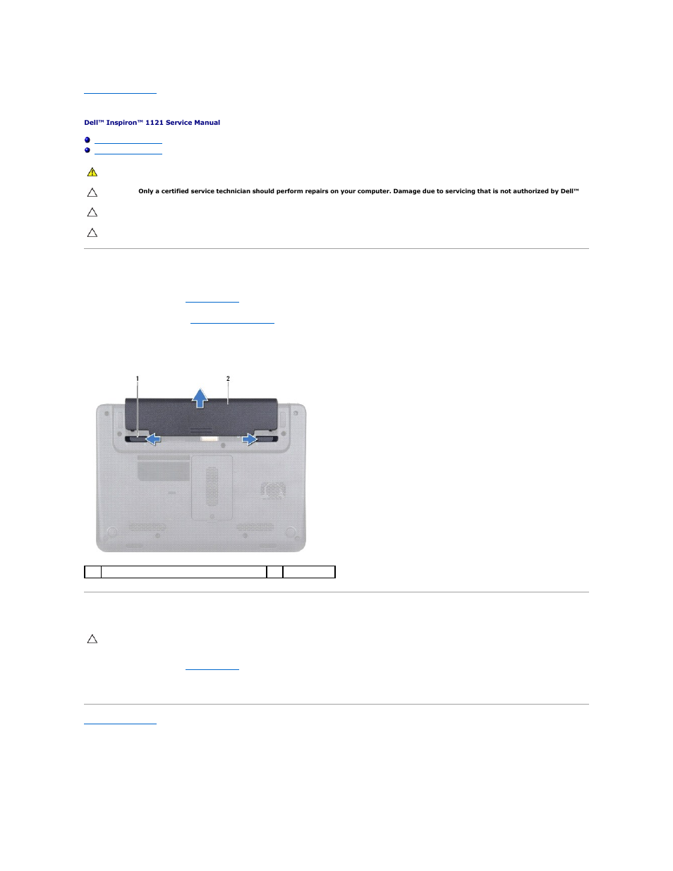 Battery, Removing the battery, Replacing the battery | Dell Inspiron 11z (1120, Mid 2010) User Manual | Page 6 / 54