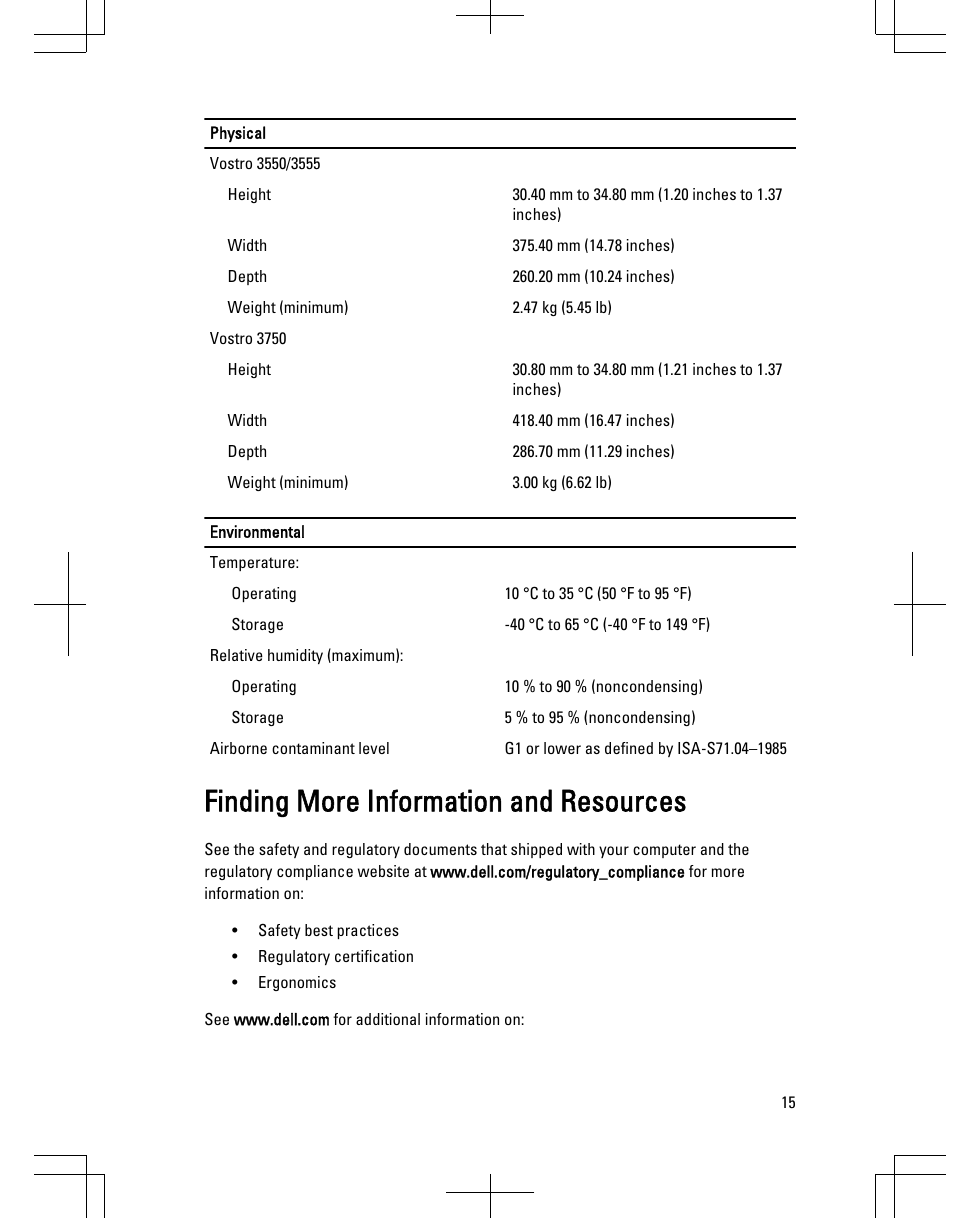 Finding more information and resources | Dell Vostro 3550 (Early 2011) User Manual | Page 15 / 16