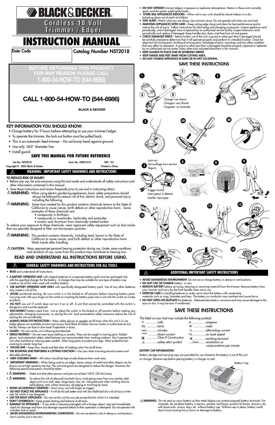 Black & Decker Cordless 18 Volt Trimmer/Edger NST-2018 User Manual | 7 pages