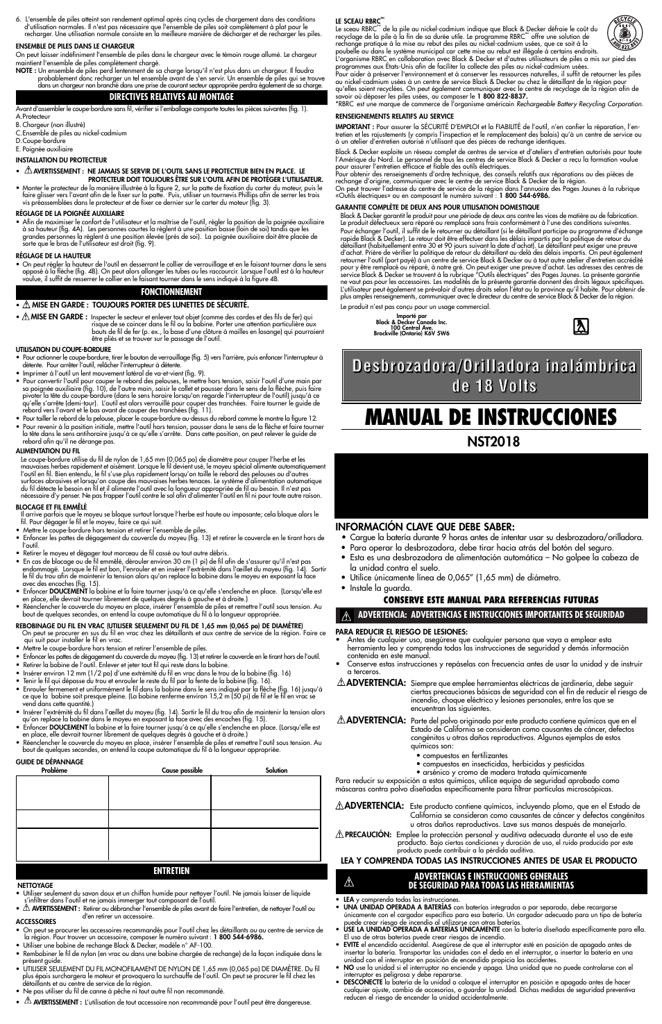 Manual de instrucciones, Nst2018 | Black & Decker Cordless 18 Volt Trimmer/Edger NST-2018 User Manual | Page 4 / 7