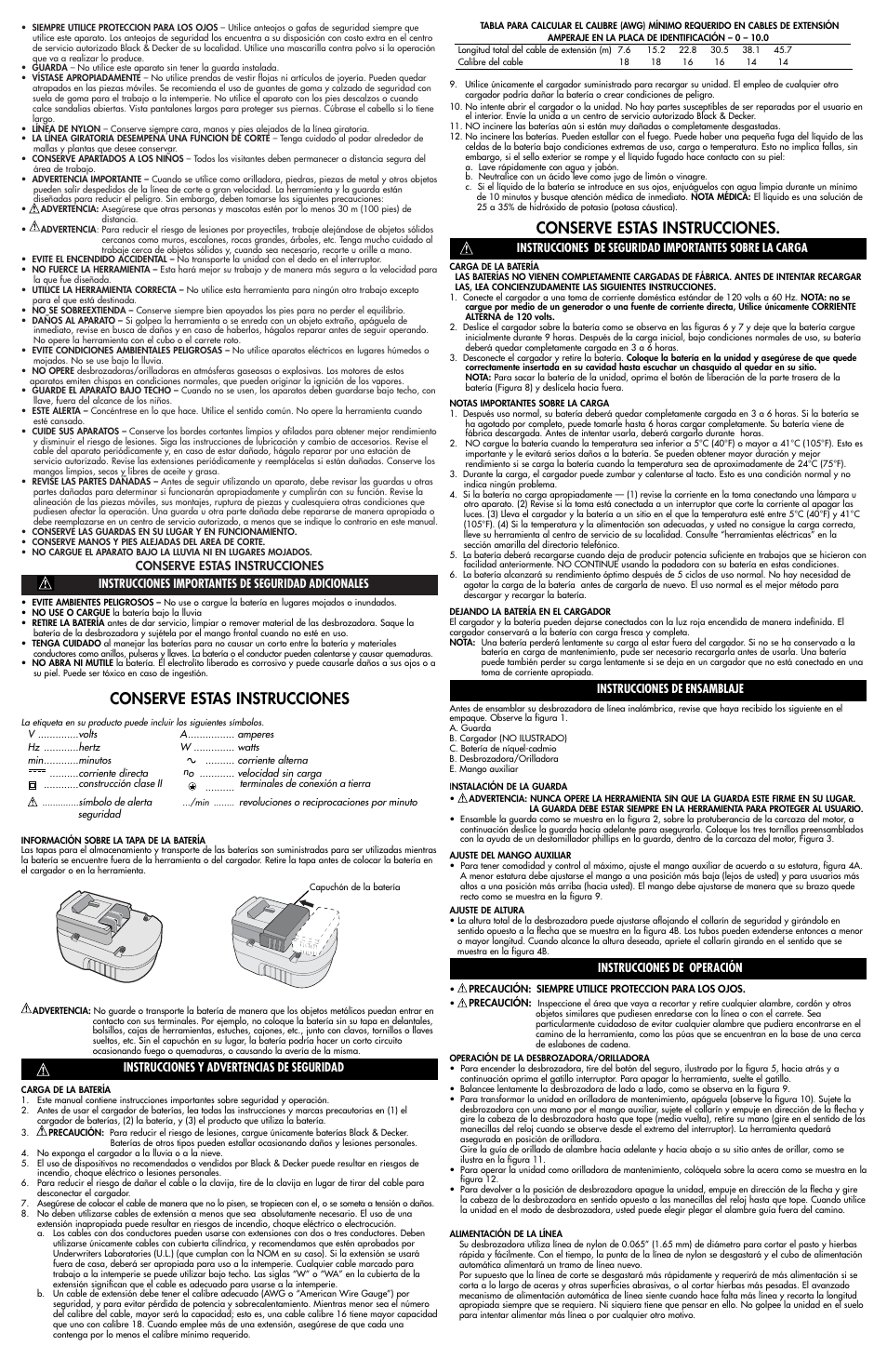 Conserve estas instrucciones, Instrucciones y advertencias de seguridad, Instrucciones de ensamblaje | Instrucciones de operación | Black & Decker Cordless 18 Volt Trimmer/Edger NST-2018 User Manual | Page 5 / 7