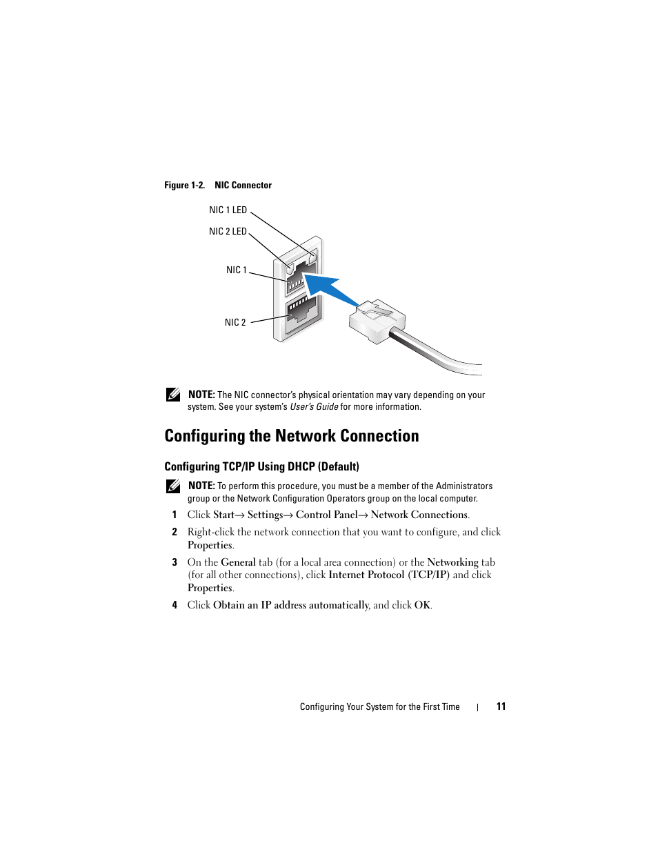 Configuring the network connection, Configuring tcp/ip using dhcp (default) | Dell PowerVault DP500 User Manual | Page 11 / 68