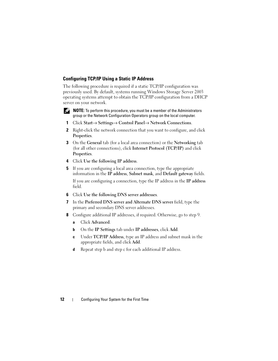 Configuring tcp/ip using a static ip address | Dell PowerVault DP500 User Manual | Page 12 / 68