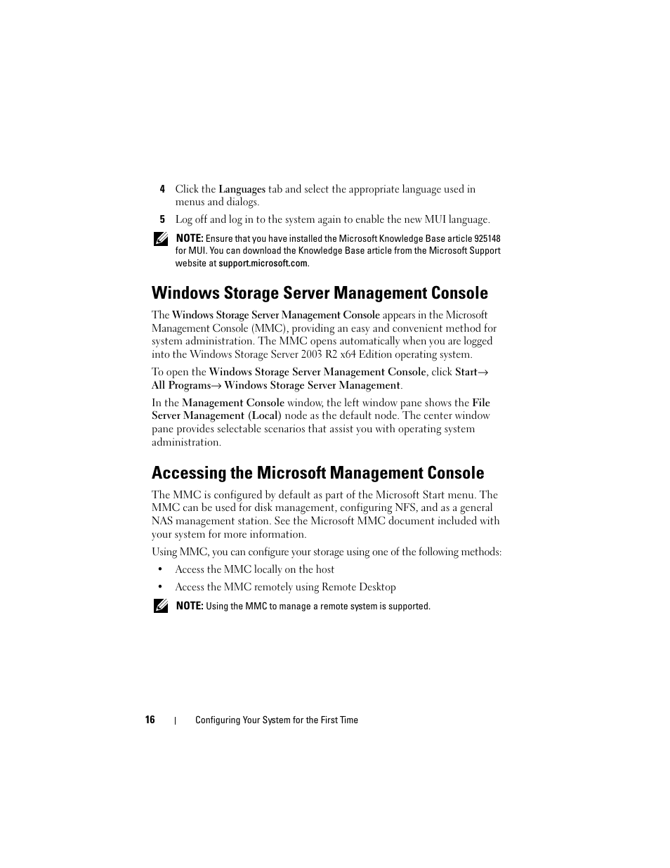 Windows storage server management console, Accessing the microsoft management console | Dell PowerVault DP500 User Manual | Page 16 / 68