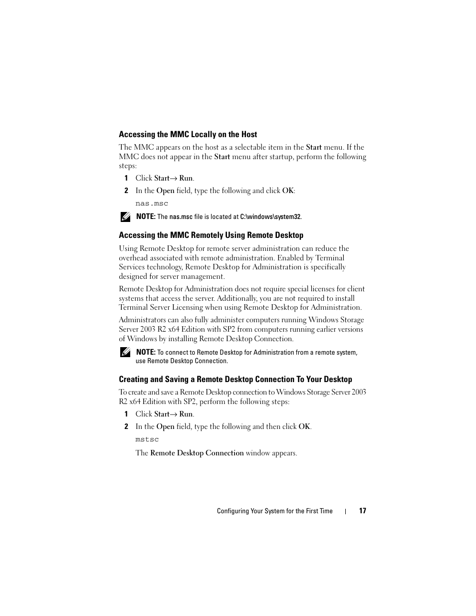 Accessing the mmc locally on the host, Accessing the mmc remotely using remote desktop | Dell PowerVault DP500 User Manual | Page 17 / 68