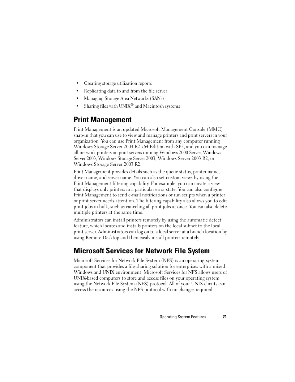 Print management, Microsoft services for network file system | Dell PowerVault DP500 User Manual | Page 21 / 68