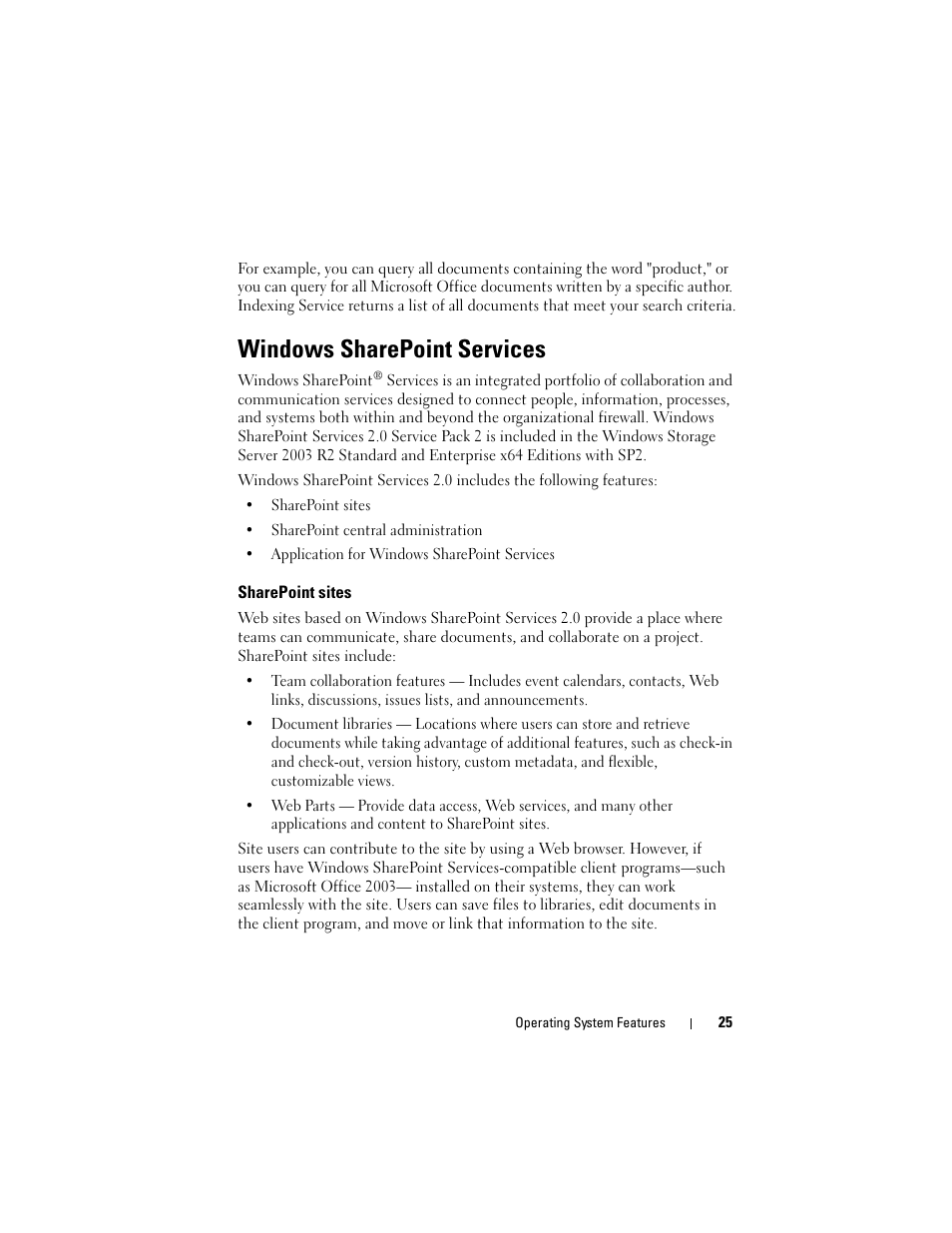 Windows sharepoint services, Sharepoint sites | Dell PowerVault DP500 User Manual | Page 25 / 68
