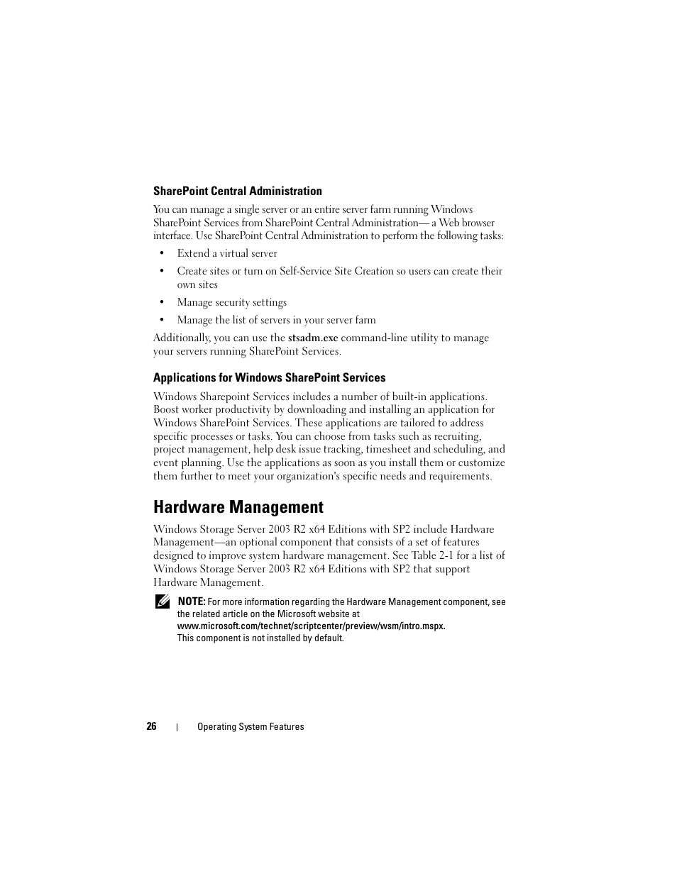 Sharepoint central administration, Applications for windows sharepoint services, Hardware management | Dell PowerVault DP500 User Manual | Page 26 / 68