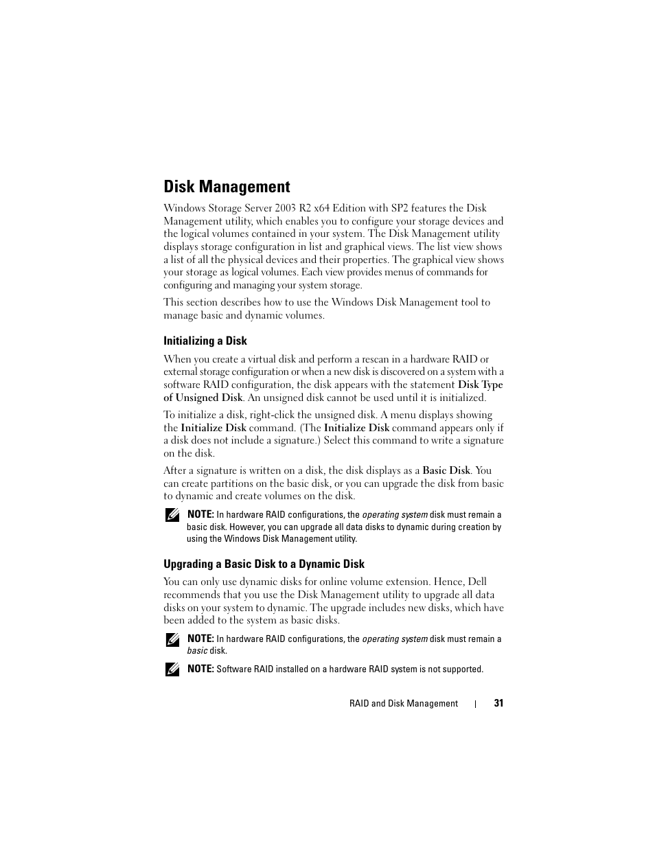 Disk management, Initializing a disk, Upgrading a basic disk to a dynamic disk | Dell PowerVault DP500 User Manual | Page 31 / 68
