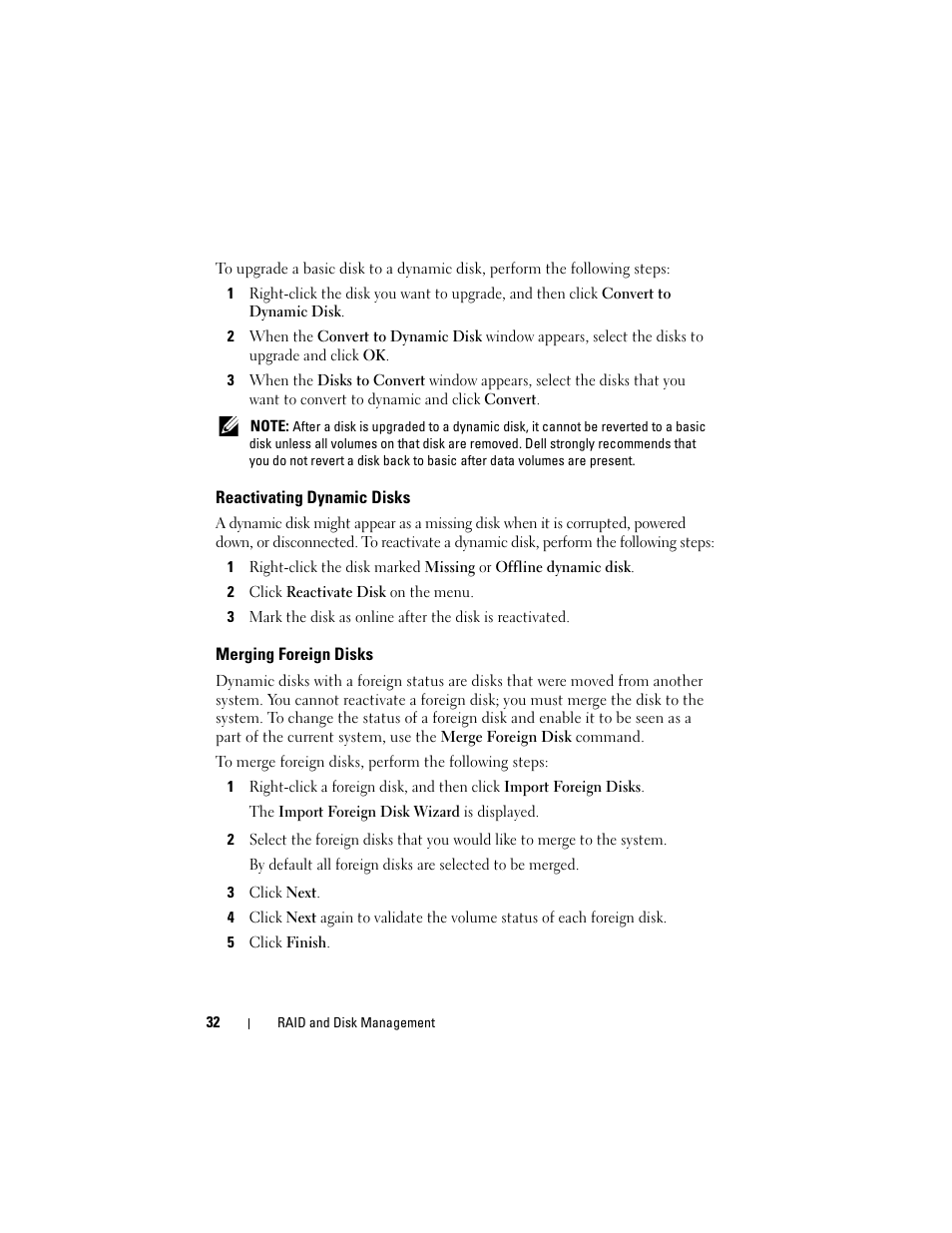 Reactivating dynamic disks, Merging foreign disks | Dell PowerVault DP500 User Manual | Page 32 / 68