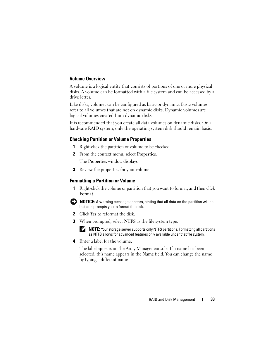 Volume overview, Checking partition or volume properties, Formatting a partition or volume | Dell PowerVault DP500 User Manual | Page 33 / 68