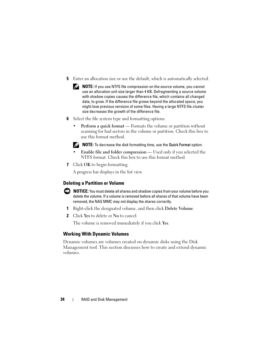 Deleting a partition or volume, Working with dynamic volumes | Dell PowerVault DP500 User Manual | Page 34 / 68