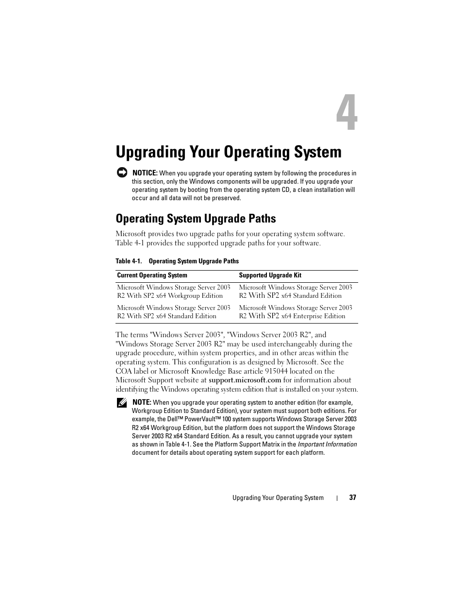 Upgrading your operating system, Operating system upgrade paths | Dell PowerVault DP500 User Manual | Page 37 / 68