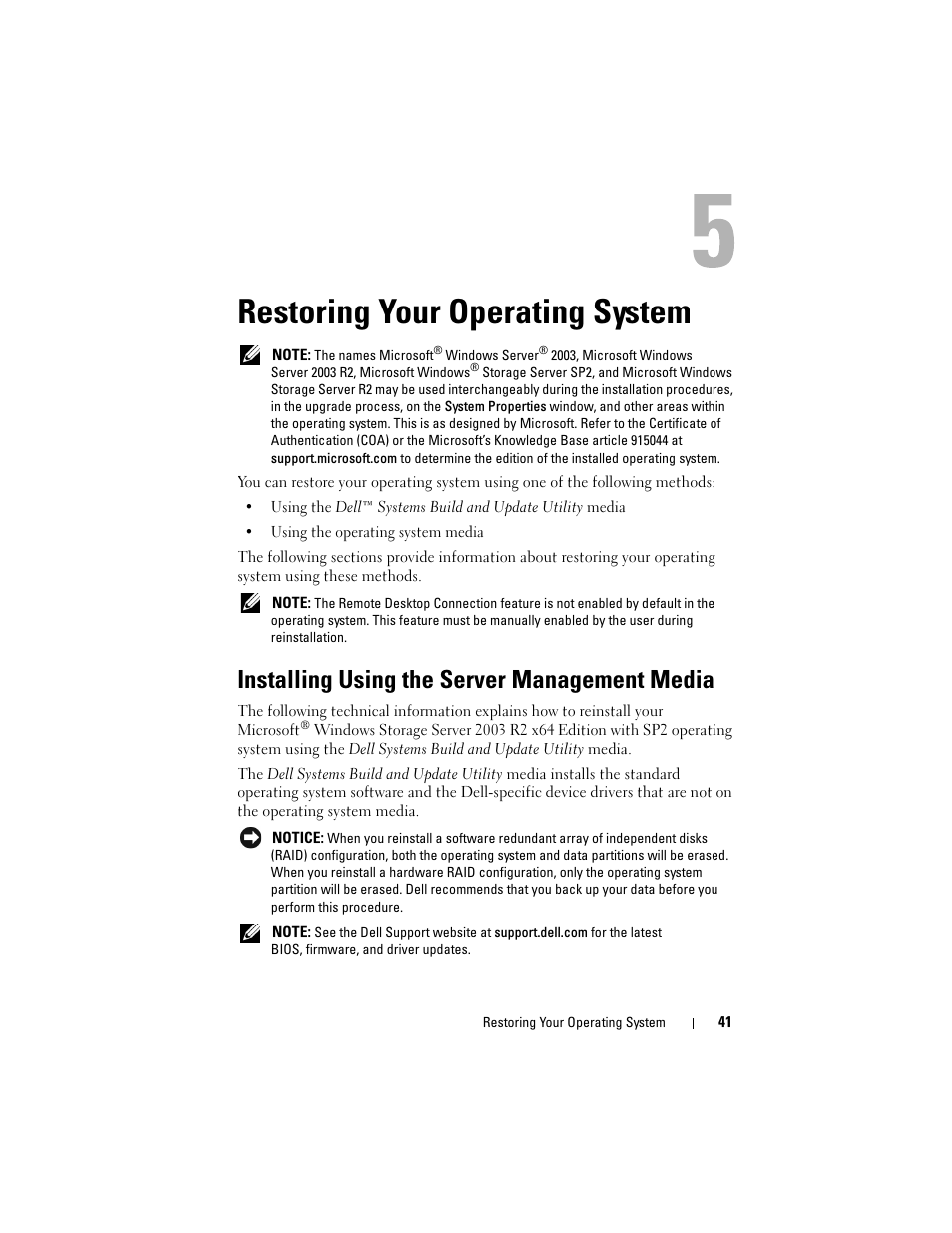 Restoring your operating system, Installing using the server management media | Dell PowerVault DP500 User Manual | Page 41 / 68