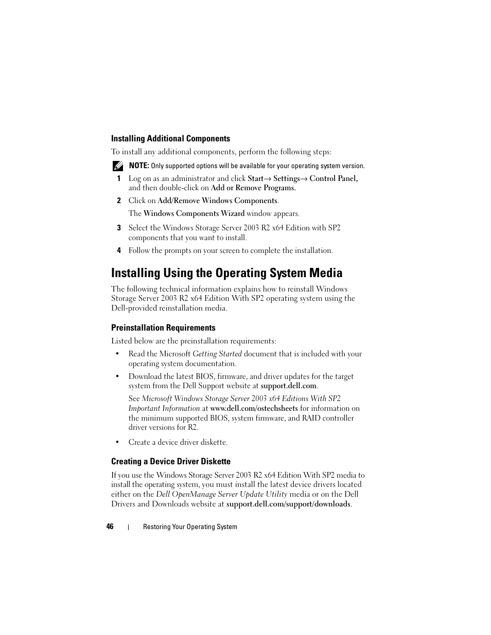 Installing additional components, Installing using the operating system media, Preinstallation requirements | Creating a device driver diskette | Dell PowerVault DP500 User Manual | Page 46 / 68