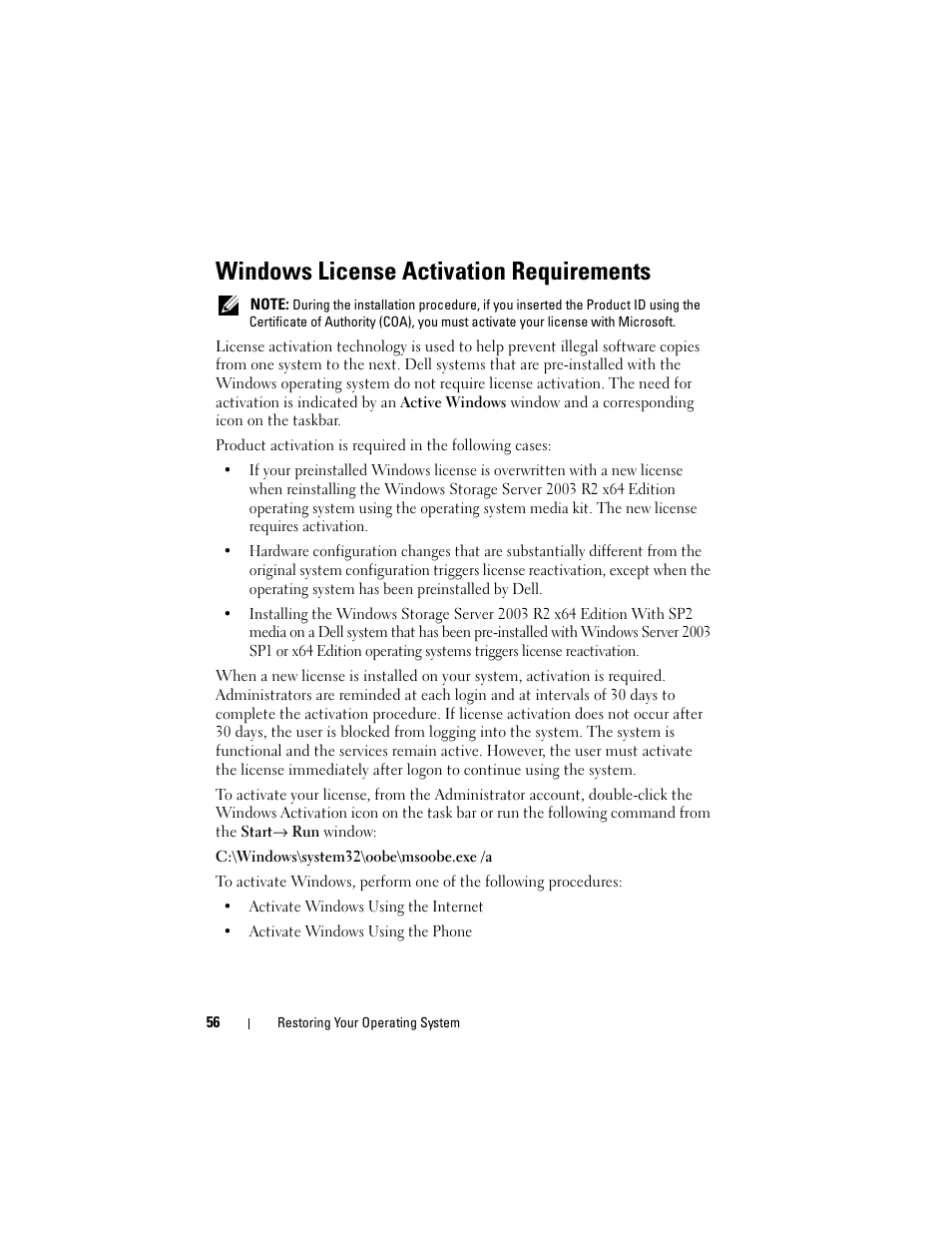 Windows license activation requirements | Dell PowerVault DP500 User Manual | Page 56 / 68