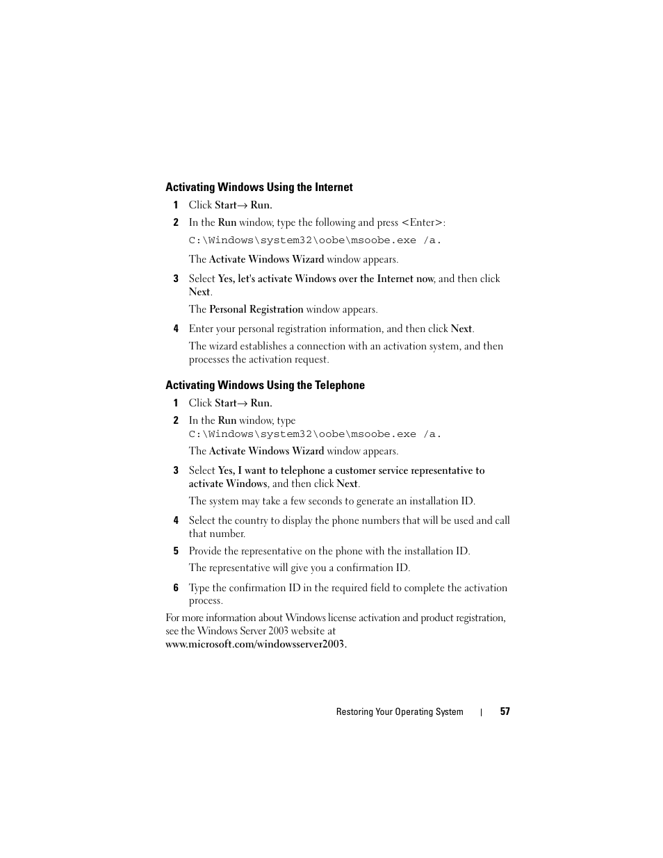 Activating windows using the internet, Activating windows using the telephone | Dell PowerVault DP500 User Manual | Page 57 / 68