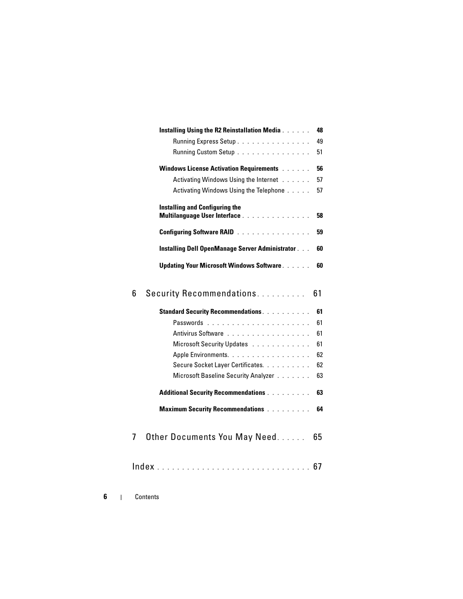 6security recommendations, 7other documents you may need, 65 index | Dell PowerVault DP500 User Manual | Page 6 / 68