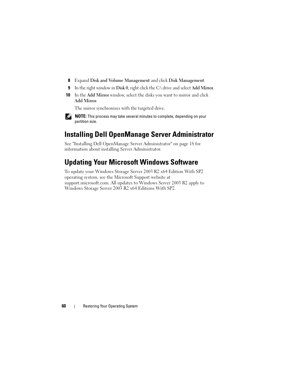 Installing dell openmanage server administrator, Updating your microsoft windows software | Dell PowerVault DP500 User Manual | Page 60 / 68