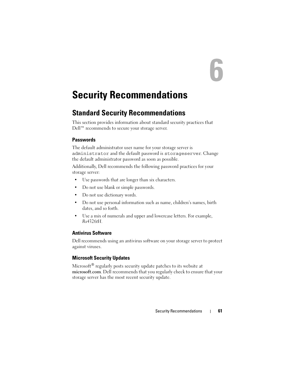 Security recommendations, Standard security recommendations, Passwords | Antivirus software, Microsoft security updates | Dell PowerVault DP500 User Manual | Page 61 / 68